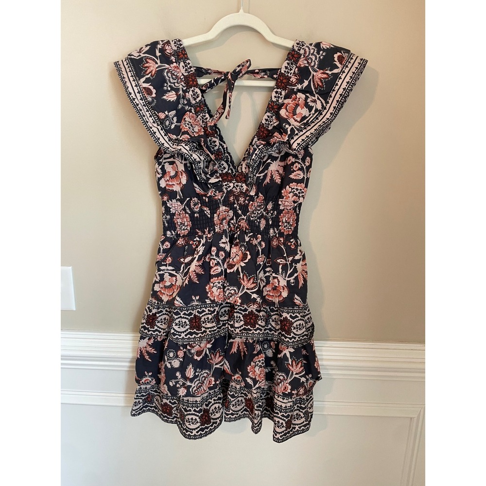 Caroline Constas Size S Floral Cotton Smocked Tiered Mini Dress Black Rust - Picture 2 of 10